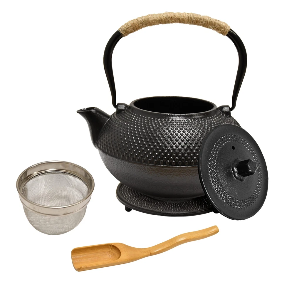 Teekanne aus Gusseisen 1,5L Schwarz Japanische Teekanne mit Edelstahlsieb
