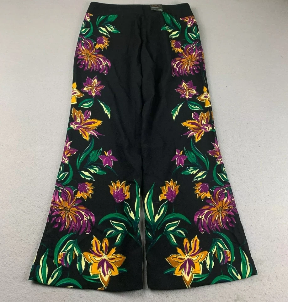 Pantalones INC International Concepts Mujer 8P Negros Florales Frente Plano Pierna Acampanada Nuevos con Etiquetas Foto 3 de 4