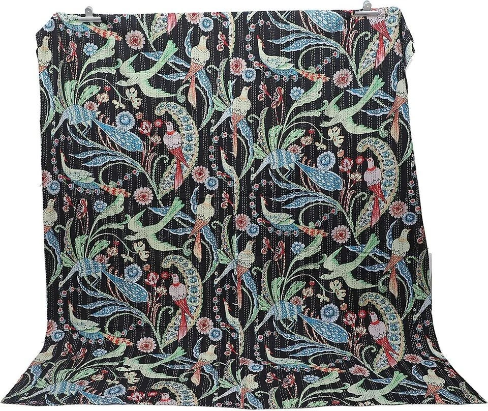 Павлин ручной блок печати Kantha лоскутное одеяло птица печать покрывало плед индийский покрывало - Изображение 2 из 3