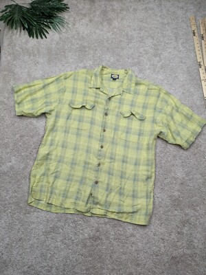 Tommy Bahama Linen Plaid Camp Shirt Men Large 100% Beige Green Khaki Resort $125