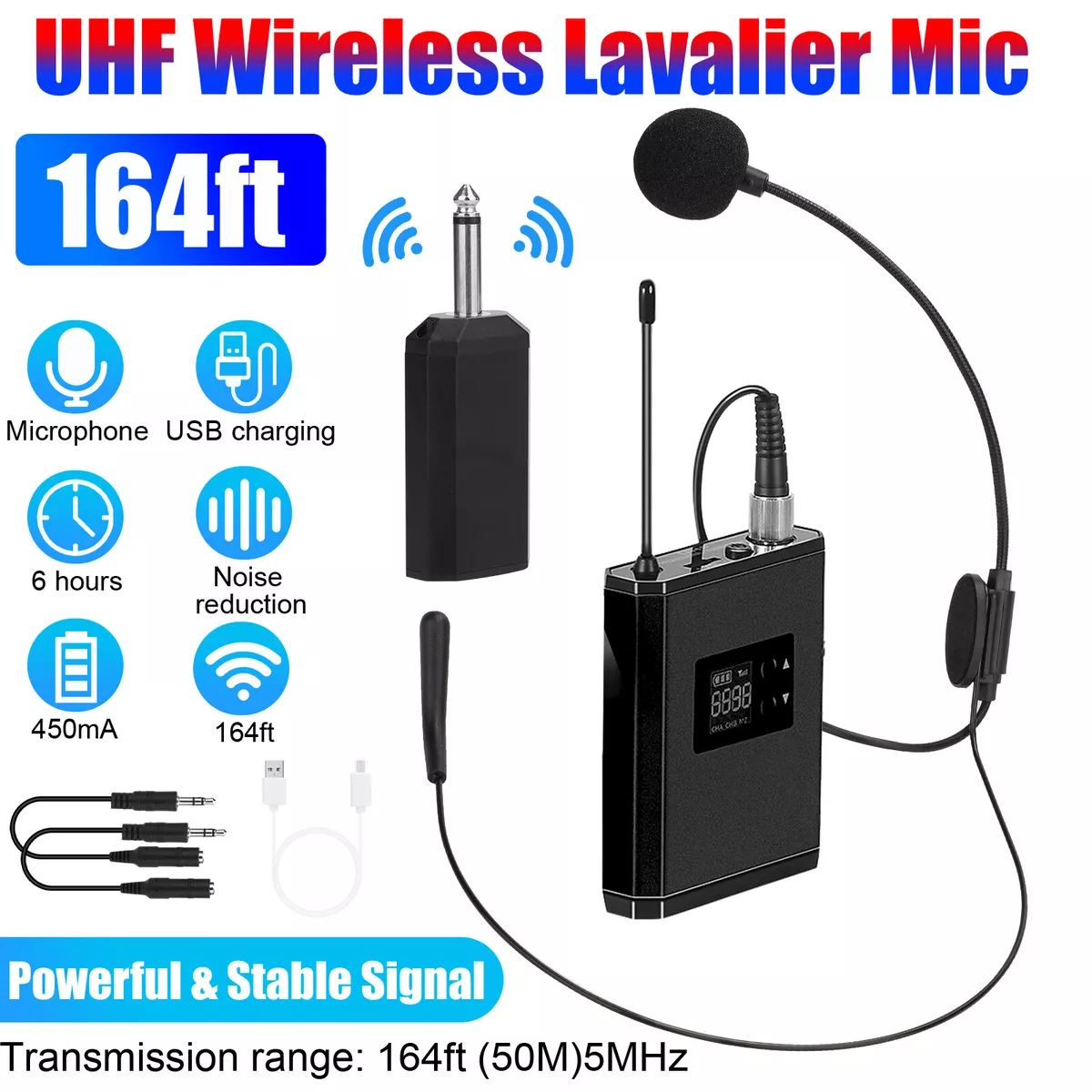 UHF Wireless Headset Microphone Lavalier Lapel Mic Bodypack Transmitter  Receiver