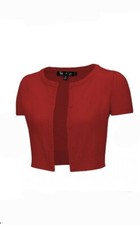 YEMAK Women's Short Sleeve Cropped Bolero Button Down Cardigan Sweater Red- Med