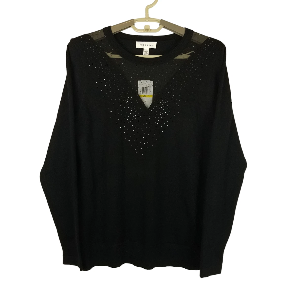 Rio & Rian Womens Sweater M Black Knit Round Neck Rhinestones Mesh 