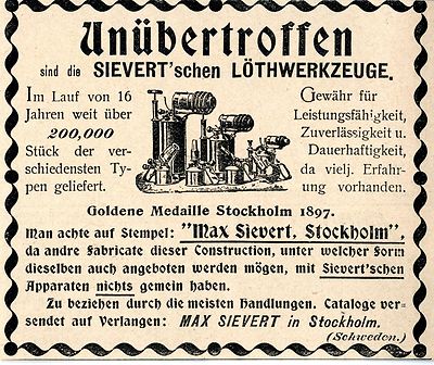 Max Sievert Stockholm  SIEVERT`schen LOETHWERKZEUGE Historische Reklame von 1899
