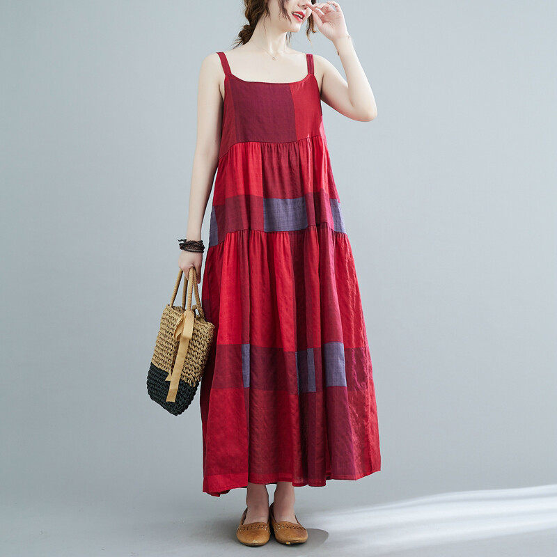 Women Cotton Linen Check Strappy Sleeveless Long Dress Summer Beach Casual  Retro | eBay