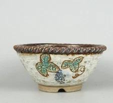 Japanese bonsai pot ECHIZEN BUNZAN signed Grape fish flower pictured φ6.6" *1092