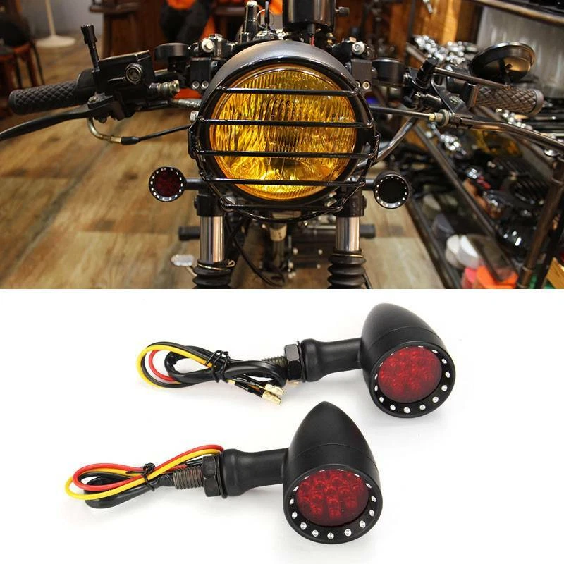 Luces intermitentes de freno LED negras bala rojas para motocicleta bobber clásico Foto 2 de 4