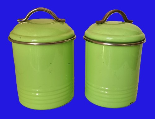 Vintage Pair of Mint Green Enamel Kitchen Canisters Tea and Sugar - Picture 4 of 8