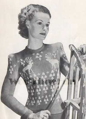 Knitting Pattern Womens Vintage 1940s Xmas Reindeer Ski Fair Isle