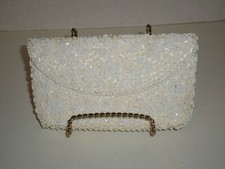 Vintage White Hand Beaded Iridescent Sequin Clutch Made In Hong Kong Very Nice