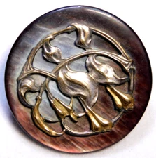 Large Antique Pearl Shell BUTTON with Applied Brass Art Deco Leaves NICE 1&3/8