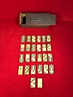 ORIG CIVIL WAR ERA SOLDIER'S BONE & EBONY 2 PIECE DOMINOES / 2 PINS / WOOD BOX