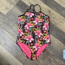 Hurley Girls Black Hyper Pink Floral Tropical One Piece Swimsuit 10/12 colorful