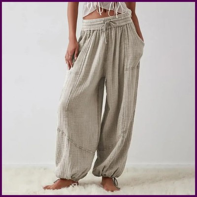 Women Harem Pants Summer Casual Vintage Cotton Linen Pants Elastic Waist Wide.