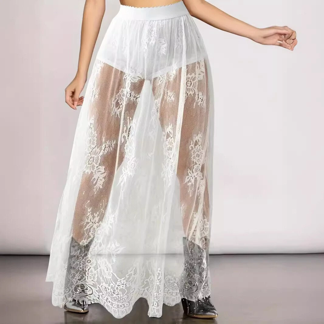OFF WHITE Abito donna estivo vita alta elastico pizzo vedere attraverso gonne lungo gotico festa