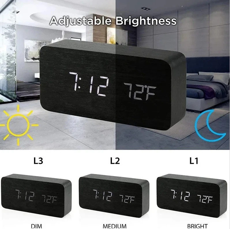 1pc Wooden Digital LED Alarm Clock with Temperature Display & 3 Alarms