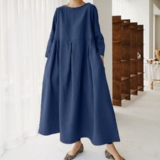 Lady Round Neck Midi Dress Bohemian Long Sleeve Pleated dress with Pocket Ethnic