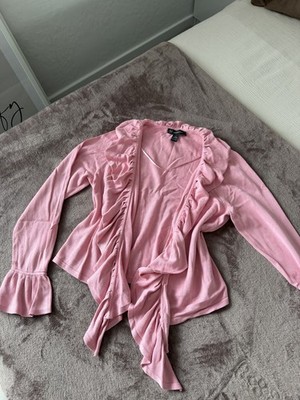 INC International Concepts rosa Seide Baumwolle Cardigan Rüschen vorne offen L Large