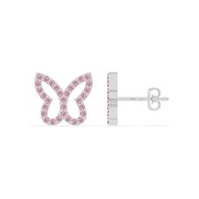 925 Sterling Silver Round Pink Cz Gemstone Butterfly Stud Women Earring