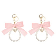 2Pcs Ribbon Bow Keychain Pearl Wristlet Keychain Heart Pendant, Light Pink