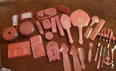 Celluloid peach 40+ Pc  Complete Dresser Set 1930s