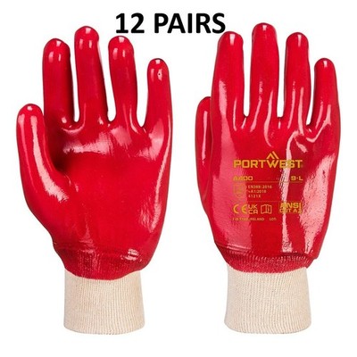 12 Paar. Portwest A400 - Grip PVC Knitwrist Handschuhe. Schutzhandschuh M, L oder XL