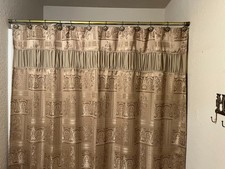 Gold Floral Poly Chiffon Inset 70" Sq Shower Curtain 12 Hooks Clean