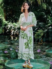 Farm Rio Green Floral Cascade Maxi Dress White V Neck Boho Size S