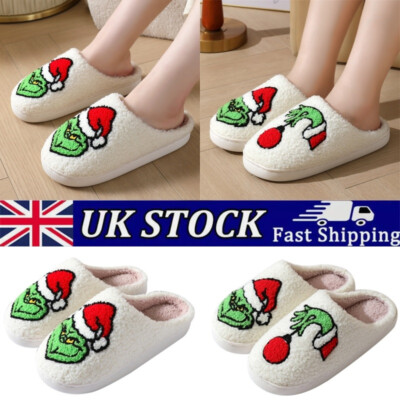 Women Men Plush Fluffy Cartoon Grinch Slippers Warm Home
