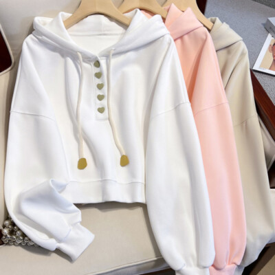 Womens Ladies Short Sweatshirt Long Sleeve Hoodie Top Casual Loose Pullover