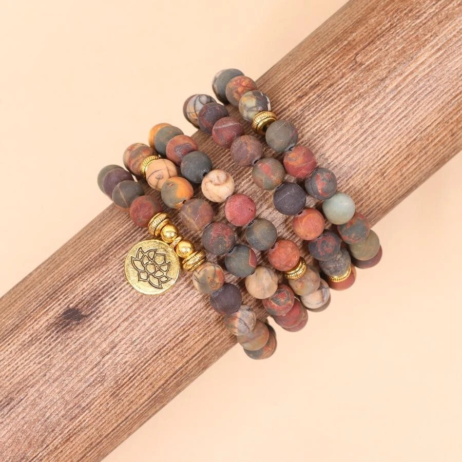 108 Cuentas Mala Cuadro Natural Piedra Jaspe Collar Loto Oro Dije Hecho a Mano Foto 3 de 4