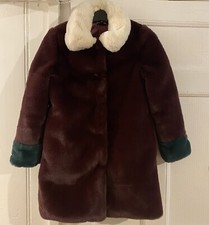 Sister Jane Burgundy White Collar Faux Fur Coat Buttons Pockets Size Small S