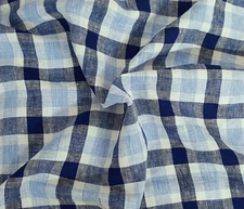 100% Linen Fabric By the Yard Blue White Medium Gingham Yarn Dye 7/19
