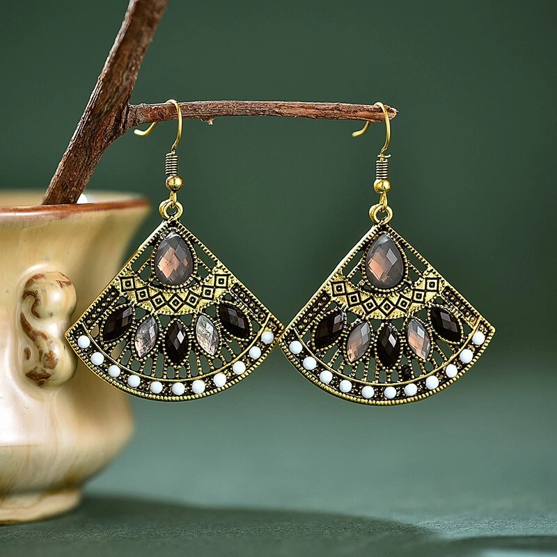 Gorgeous Women Ancient Gold Bohemian Earrings Hollow Color Fan Style Tassel 1505 - Image 2 of 4