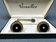 New Old Stock Onyx and Seed Pearl Yellow Gold Plated Cuff Links with Tie Clasp