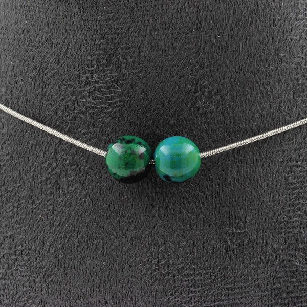 Steine Und MinéRaux. Halskette 2 Perlen Chrysocolla GetöNte 8 Mm. Kette / Stahl-image