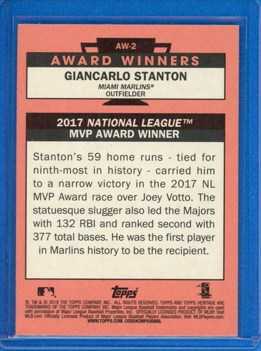 2018 Topps Heritage High Number Award Winners #AW-2 Giancarlo Stanton Marlins - Picture 2 of 2