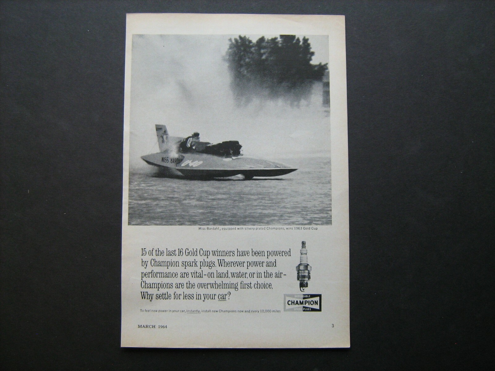 1964 Champion Spark Plugs vintage ad w/Miss Bardahl U-40 Jet Boat Gold Cup Win