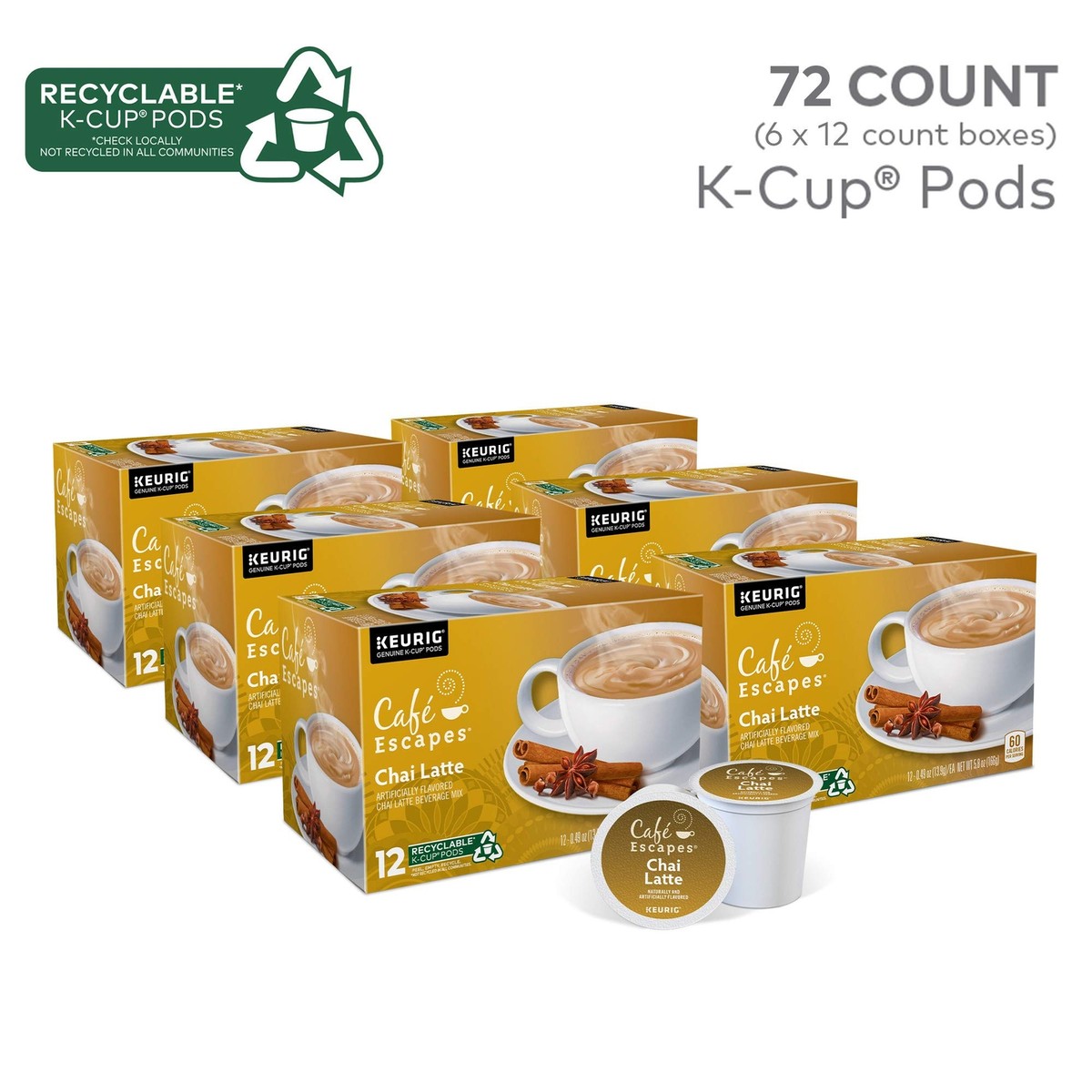 Cafe Escapes Chai Latte Keurig Single-Serve K-Cup Pods, 72 Count