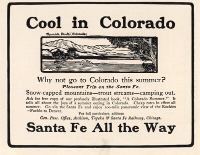 1903 Santa Fe Eisenbahn Druck Werbung cool in Colorado Spanish Peaks Forellenbäche