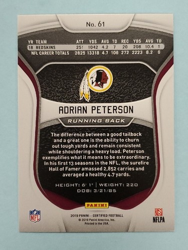 2019 Panini Certified Adrian Peterson Gold Parallel #61 Card /25 - Picture 2 of 2