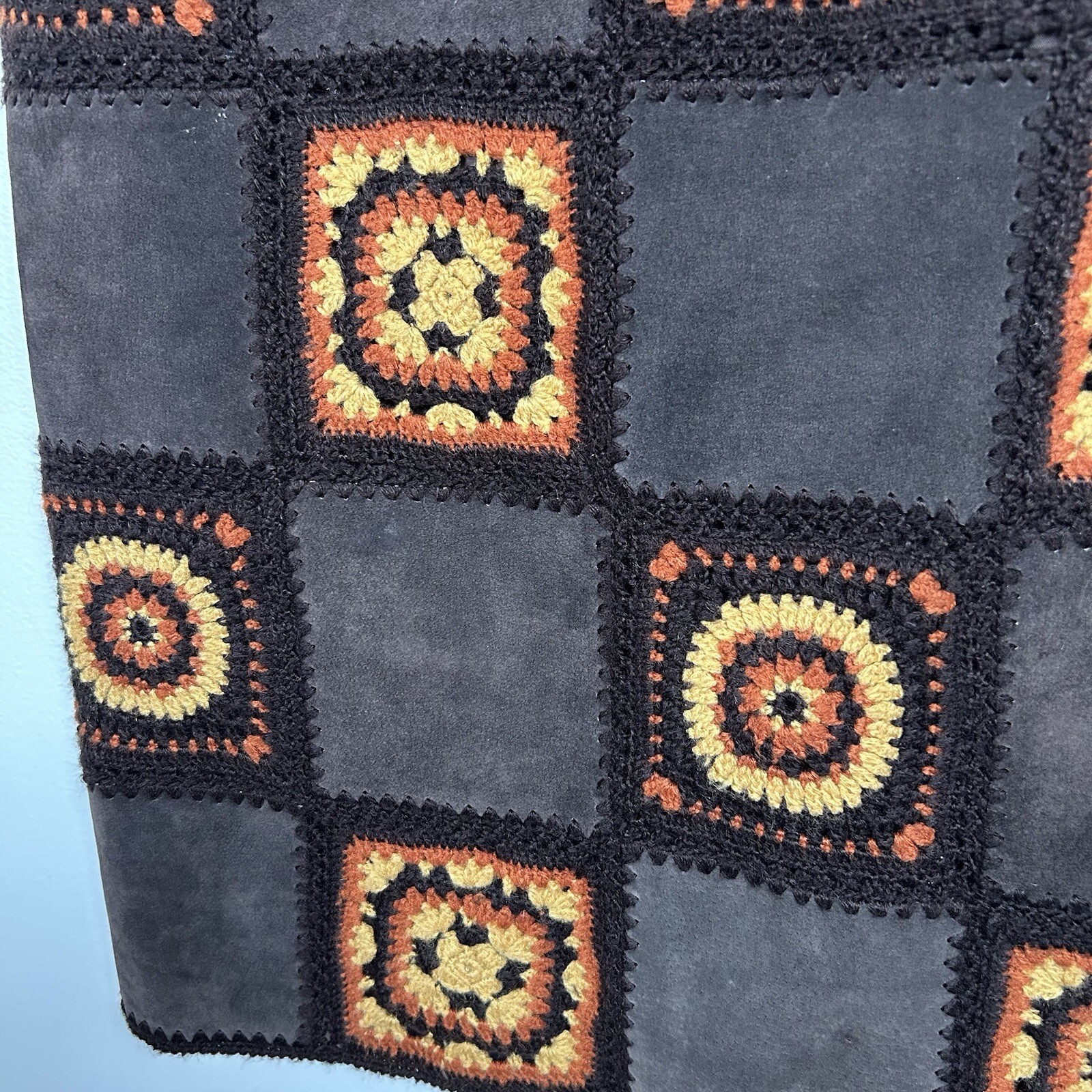 VTG Express 90’s Suede Crochet Patchwork Granny Square Midi Skirt Sz 1-2 RARE image 2