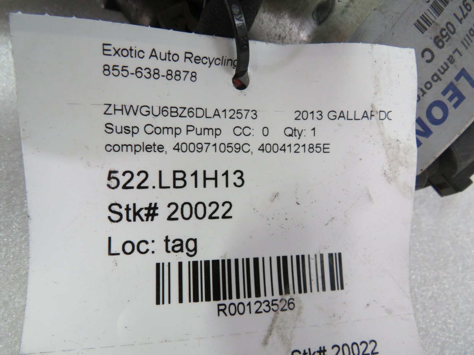Lamborghini Gallardo LP550, Suspension Compression Pump, Used, P/N 400412185E