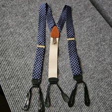 Trafalgar Suspenders Blue Geometric Woven Brass Clasp Leather Loops