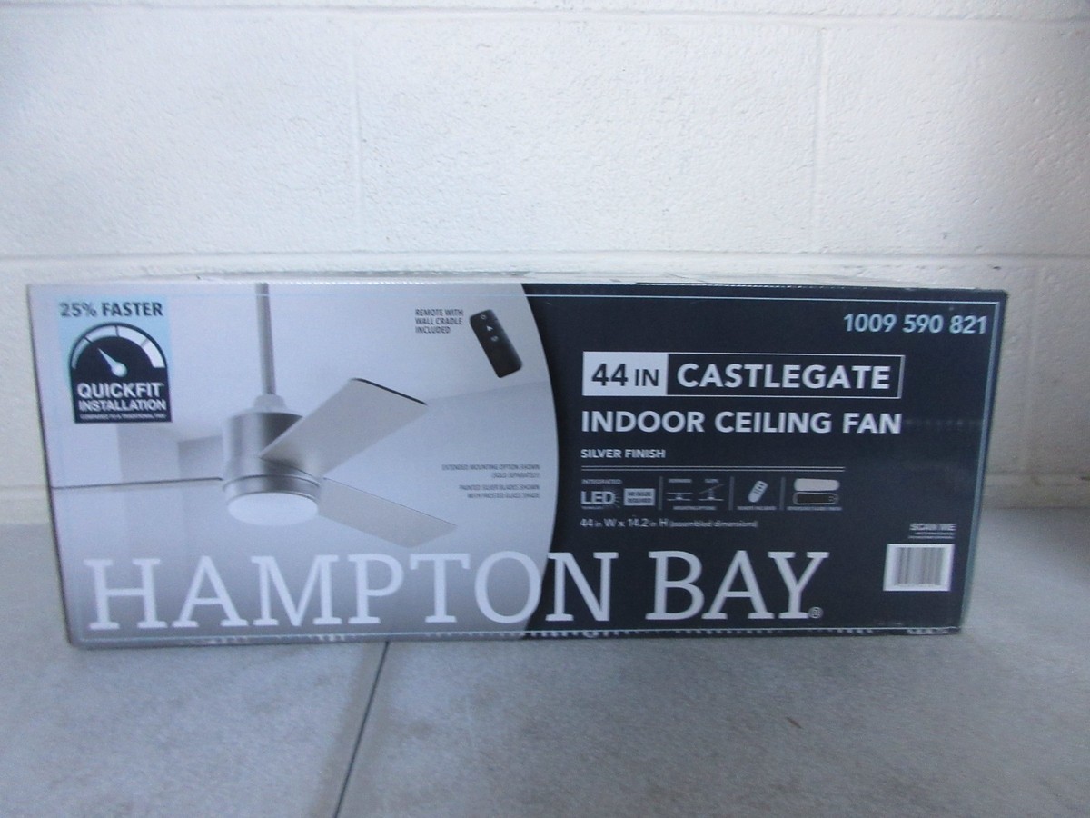 Hampton Bay Castlegate 44-Inch Indoor LED Ceiling Fan – Silver, 3 Blades, Remote Control