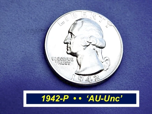 1942-P  Silver  Quarter ➪ Full Design Details ➪ Lustrous "AU-Unc" Coin ➪ 242p