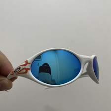 Retro Oakley Eye Jacket Red Fire Sunglasses White Frames Sapphire Lenses Y2K