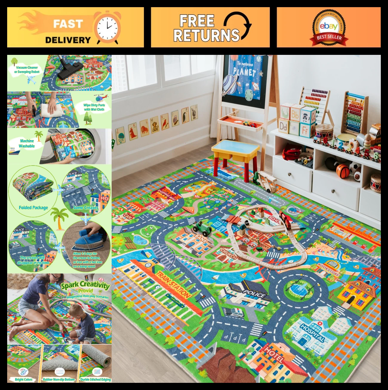 Kids Play Mat Car Rug - Non-Slip Traffic Road Carpet for Toy Cars, 3'x4