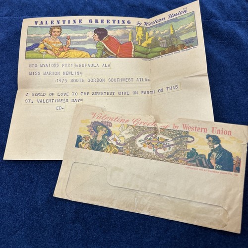 US Western Union Valentine Telegram with envelope 1930's Romantic Love Letter