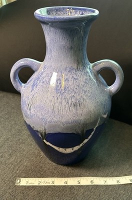 Vintage Art Pottery 8.5'' Amphora Vase - Cobalt & Lavender Drip Glaze - 2 Handles